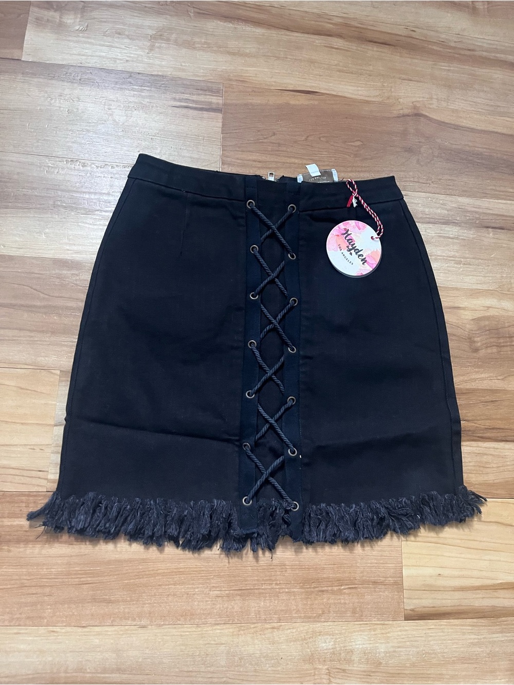 Hayden Black Lace-Up Fringe Mini Skirt